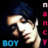 six identical images of a person with dark hair, each overlaid with vertical pink text 'nancy' and horizontal blue text 'BOY' on a black background