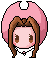 Pixel art contact sheet showing three expressions of a cartoon character with pink hair and brown bangs against gray background.