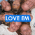 repeated cartoon faces with three distinct text overlays: blue 'LOVE EM', pink '5000', and green 'MUCH <3'