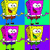 Pixelated cartoon character with yellow and purple color swaps, alternating between blue and green backgrounds, in a of four and four