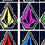 pixelated icons featuring a stylized symbol in yellow, pink, red, blue, and green within a gray triangular border on dark background