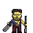 Pixel art character with yellow skin, brown hair, and a stern expression holding a chainsaw in left hand and a long object in right hand against gray background.