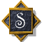 Four identical square icons with golden borders and dark blue backgrounds, each featuring a white stylized 'S' symbol in the center.
