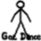 Four stick figures in black, blue, pink, and light blue stand above 'God Dance' text with varying poses on a white background.