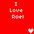 Red background with white text "I Love Roel" repeated in four quadrants and pixelated heart symbols.