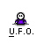 Pixel art character in purple shirt with white face, shown across multiple states including UFO prop interactions and speech bubble text.