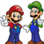 Pixelated cartoon characters Mario and Luigi in blue overalls, red and green hats respectively, holding hands with white gloves against a plain background.