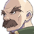Pixelated cartoon-style icon of a bald character with thick brown eyebrows, mustache, and purple ear accessory wearing green clothing.