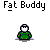 Pixelated green-shirted character with white face and black eyes, shown in multiple poses including raised arms, speech bubbles with text like "I AM NOT!" and "THAT AIN'T FUNNY", and a small blue dot near the head.