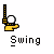 Pixel art of a yellow hand holding a white ball on a black pole, with 'Swing' text below; background alternates between white and gray across frames.