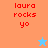 Pixelated text 'laura rocks yo' in red on orange and blue backgrounds with a small star icon.