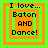 Four identical pixelated squares with green and orange borders display "I love... Baton AND Dance!" text in black on an orange background.