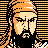 Pixelated 48x48 static buddy icon featuring a stylized character with orange hair and beard against striped background, rendered in limited color palette with dithering effects.