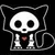 Pixelated white skull with black eye sockets and mouth, wearing a black hooded cloak with gray outline, holding a small red heart-shaped object against a black background.