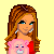 Pixel art contact sheet showing multiple frames of a cartoon girl with long brown hair holding a pink teddy bear, wearing white pants and red top, with text elements on yellow background.