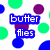 Pixelated text fragments on a white background with green, blue, and purple circular shapes; the phrase 'butter flies' appears in blue boxes.
