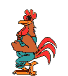 Animated rooster character in teal overalls with red comb and tail feathers, performing walking cycle against gray background.