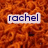 Pixelated orange background with text elements and symbols: 'rachel' in blue, a red plus sign, 'marianne', an equals sign, and 'the curly fries' in light green.