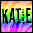 Two side-by-side pixelated images of the name 'KATIE' against a rainbow gradient background, with black text on left and white text on right.