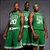 Three basketball players in green jerseys stand side-by-side, with a circular logo featuring a figure holding a basketball and text on the right.