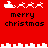 Red background with white pixelated Santa sleigh and reindeer icons above black text reading 'merry christmas' in two