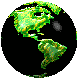 A rotating globe animation showing Earth's continents in green and yellow on a black background, with four distinct views of the planet's surface.