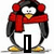 Pixelated penguin with red earmuffs and scarf, yellow beak and feet, white belly, black wings and head, displaying text changes from 'I' to 'AM' to 'FROZEN!' across frames.
