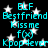 Black background with white stars and cyan text repeating 'ELF', 'Bestfriend', 'Kiss me', 'f(x)', 'Kpop4ever' in a pattern