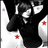 Black-and-white figure in dark clothing covers face with hands, red star and purple flower symbols on white background.