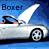 Animated contact sheet of a silver convertible car with open hood and brown interior, displayed across six frames in 3x2 grid layout against blue background.