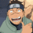 Pixelated anime-style character with brown hair, silver headband, green shirt, and dark collar smiling broadly while raising right hand against blue and beige background.