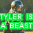 Pixelated image of a person wearing a helmet and dark clothing with green text boxes reading TYLER IS A BEAST overlaid.