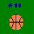 Pixelated orange basketball with black lines on green background, above blue symbols resembling asterisk and numbers.