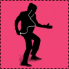 Silhouette of a person in a suit with earbuds performing a sequence of dance moves against a bright pink background.