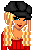 Pixel art of a blonde woman in red crop top and black pants with multiple poses including full-body, torso-only, head-and-shoulders views.