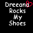 Pixelated text 'Dreeana Rocks My Shoes' with a red heart symbol replacing the 'a' in 'Dreeana' on the left side of a split-screen display.