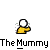 Animated pixel art of a mummy figure with white bandages and yellow clothing, performing sequential movements against a gray background.