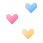 Six pixelated heart icons arranged in a 2x3 contact sheet grid on gray background, with two blue hearts at top center, two pink hearts at left and right bottom corners, and two yellow hearts at bottom center.