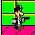 Pixelated character in dark coat and hat with white accents, standing against green and pink background with yellow horizontal stripe.