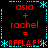 Pixelated red text and cyan symbols on black background with repeated 'asia + rachel = BFFLAE!' phrases in four quadrants.