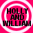 Four identical circular icons with pink backgrounds and white concentric rings, each displaying black text reading "HOLLY AND WILLIAM" in a pixelated font.
