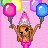 Pixel art buddy icon featuring a cartoon woman in pink holding balloons with birthday text on a pink dotted background.