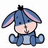 Blue cartoon donkey with pink inner ears sits facing forward, showing subtle pose differences across three views.