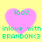 Four identical pixelated pink hearts on a yellow background, each with green text reading "100%" above and "inlove with BRANDON<3" below.