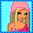 Pixel art contact sheet showing three frames of an animated icon featuring a blonde cartoon woman in pink attire with text labels below each frame.