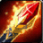 A red and blue rocket with yellow-orange flames trails against a dark red background, shown in four