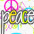 Pixelated icon with 'peace' text, pink peace symbol, and giraffe head with 'and giraffes' text.