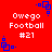 Red background with white text "Owego Football #21" and blue pixelated square patterns at corners.