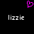 A static pixel art image with a black background, featuring a pink heart symbol above two instances of the text 'lizzie' in white pixelated font.