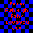 Red pixel text on blue-black checkered background with repeated names and symbols across two identical